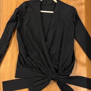 COS Black Long Sleeve Wrap Blouse w Tie Waist — Plunge Neckline — XS/S